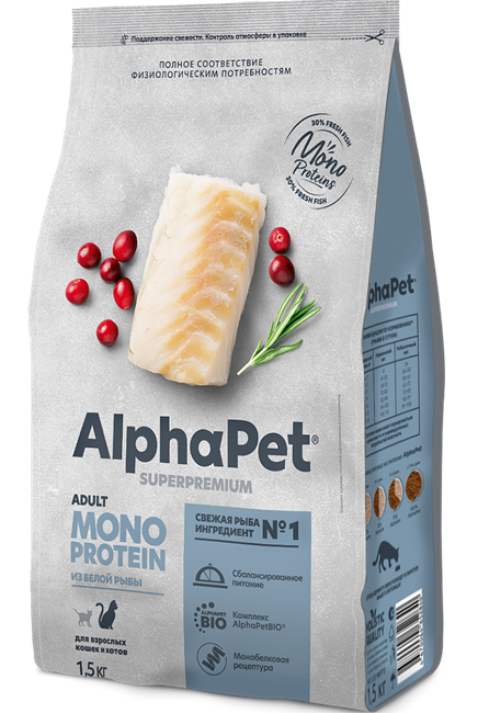 AlphaPet Superpremium MONOPROTEIN / Сухой полнорационный корм из белой рыбы для взрослых кошек 10275 - фото 474