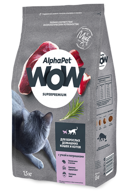 AlphaPet WOW Superpremium / Сухой полнорационный корм с уткой и потрошками для взрослых домашних кошек и котов 10286 - фото 488