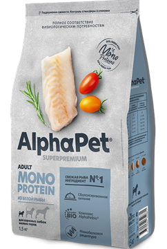 AlphaPet Superpremium MONOPROTEIN / Сухой полнорационный корм из белой рыбы для взрослых собак мелких пород 10289