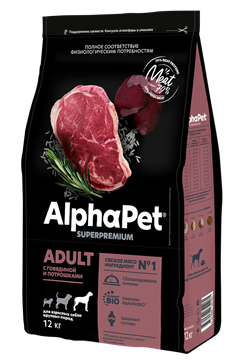 AlphaPet Superpremium / Сухой полнорационный корм с говядиной и потрошками для взрослых собак крупных пород 10298